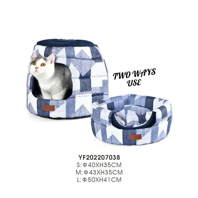 2 in 1 Deformable Foldable Polyester Denim Printed Pet Sofa Cave Cat House Bed