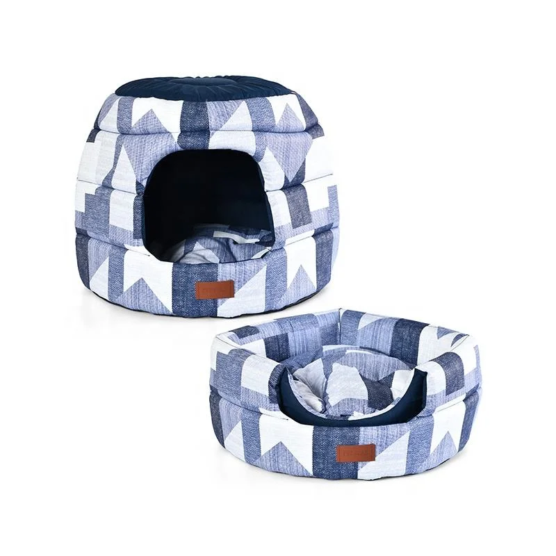 2 in 1 Deformable Foldable Polyester Denim Printed Pet Sofa Cave Cat House Bed