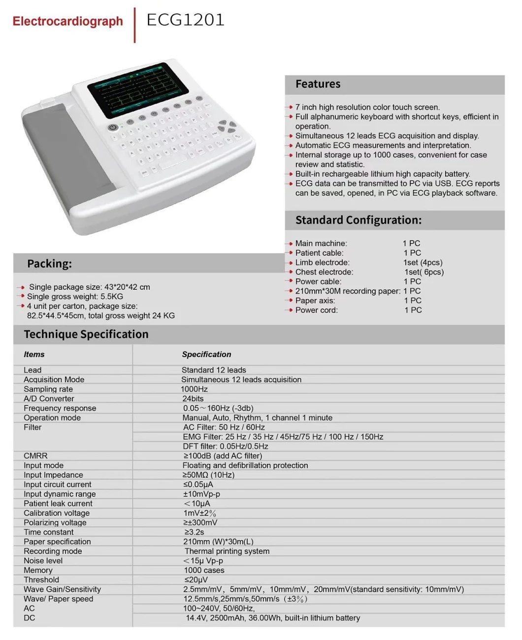 Hospital Medical Digital Electrocardiogram ECG Machine 3 Channel 12 Lead ECG EKG Machine for Sale